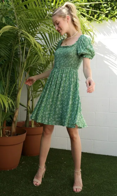 Short Sleeve Green Floral Casual Dress FGDR22L003 made by PromGirl