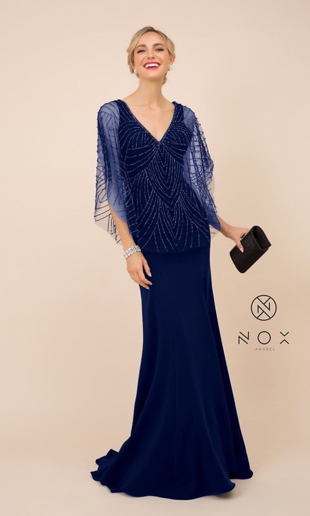 Long Formal Women's Dress with Beaded Cape sold by PromGirl product image thumbnail 4