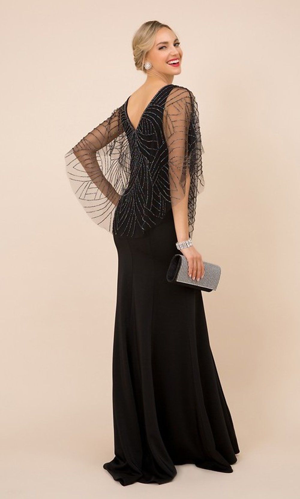 Long Formal Women's Dress with Beaded Cape sold by PromGirl product image thumbnail 2