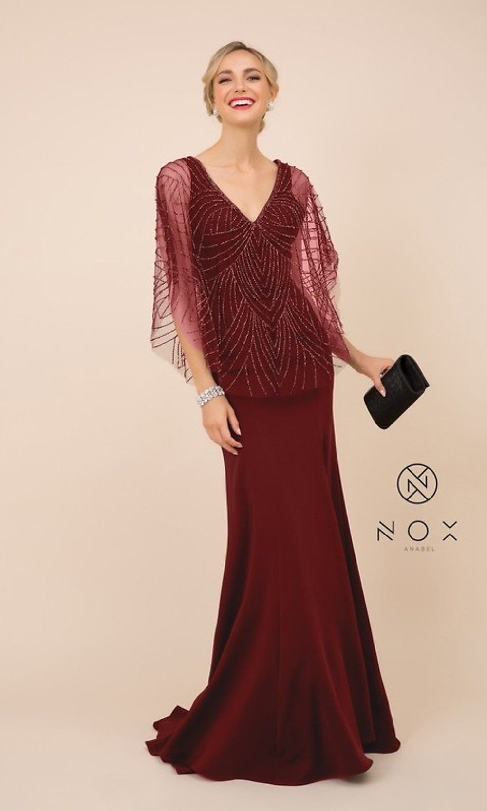 Long Formal Women's Dress with Beaded Cape sold by PromGirl product image thumbnail 3