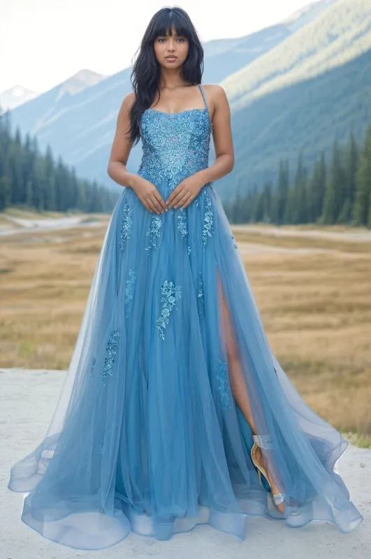 Floral-Embroidered Long Tulle Prom Dress 8031J sold by PromGirl