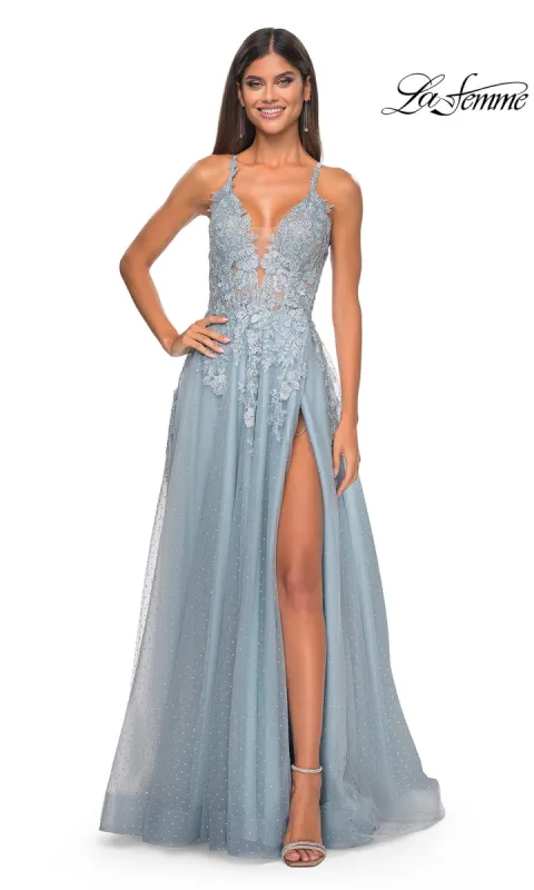 La Femme Lace-Embroidered Long Prom Dress 32147 sold by PromGirl