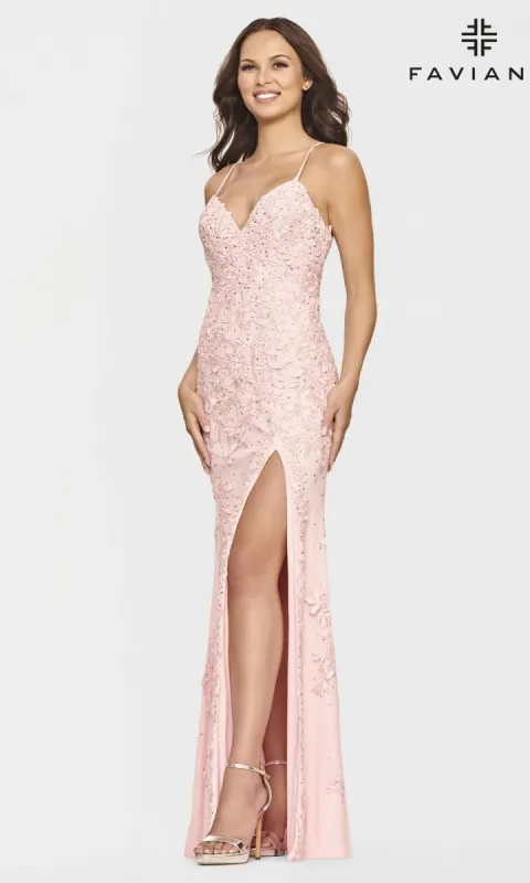 Faviana S10812 Light Pink Lace Long Prom Dress sold by PromGirl