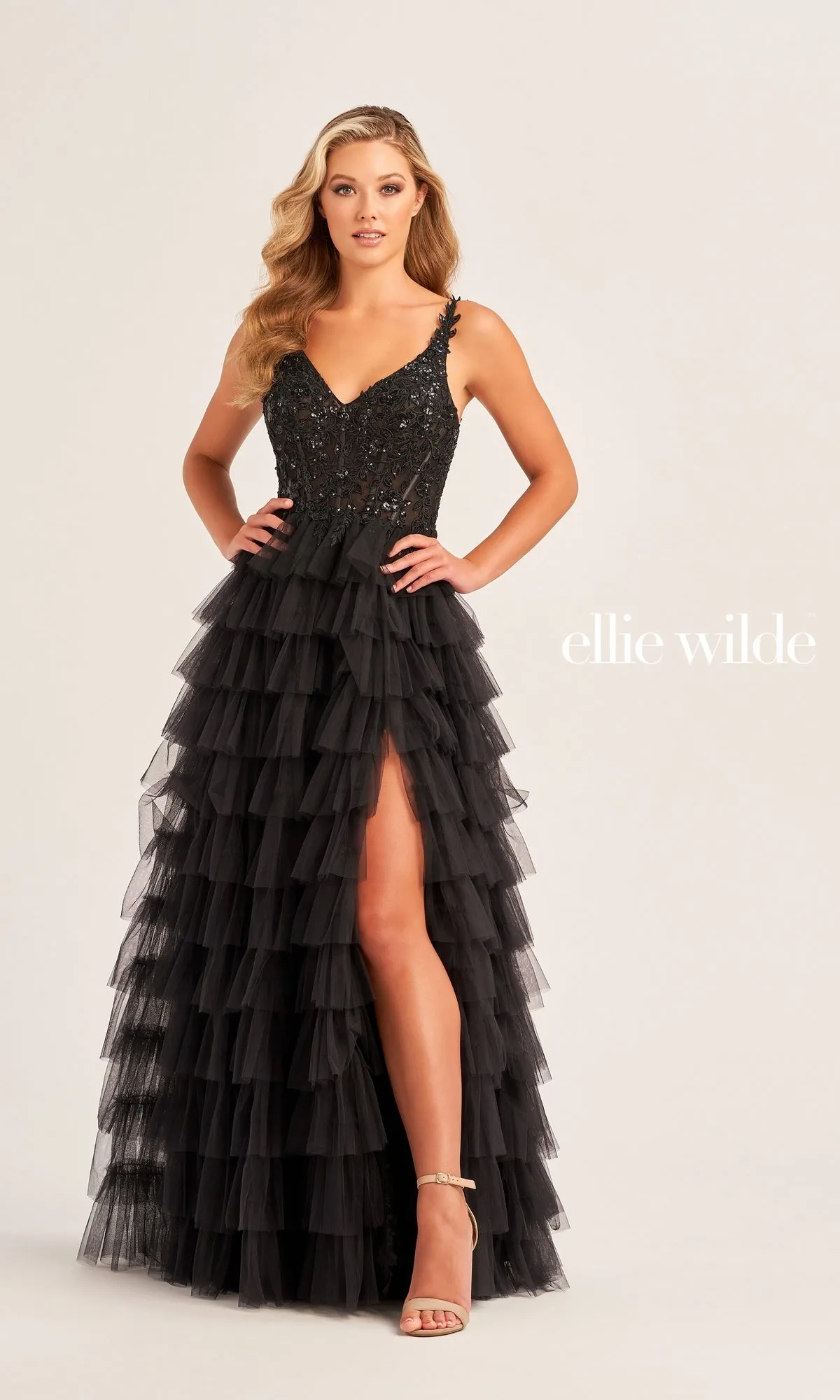 Tiered Ellie Wilde EW35059 Designer Ball Gown sold by PromGirl