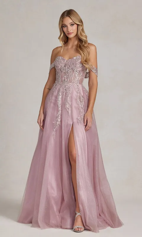 Off-the-Shoulder Rose Pink Prom Dress with Slit sold by PromGirl