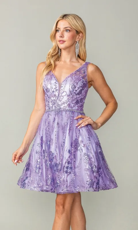 Short Glitter-Print Hoco Dress: Dancing Queen 3364 sold by PromGirl
