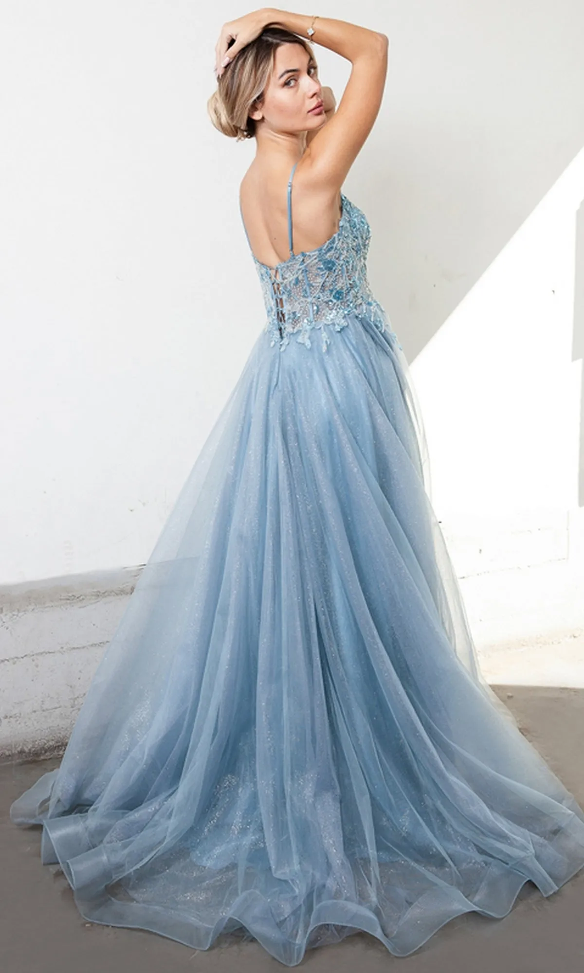 Sheer-Corset Dusty Blue Long Prom Dress TM1004 sold by PromGirl product image thumbnail 2