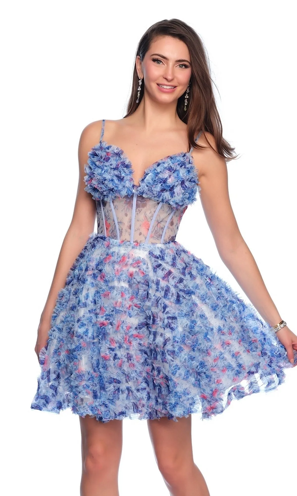 Dave and Johnny Short Blue Floral Hoco Dress 11768 sold by PromGirl