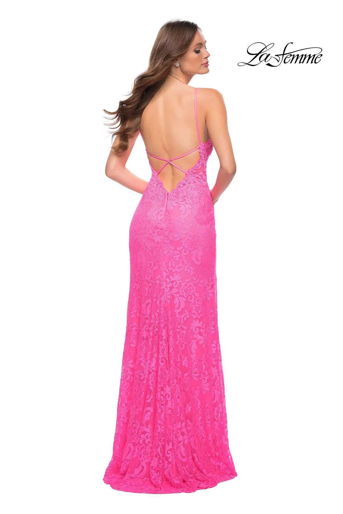 La Femme Open-Back Long Neon Lace Prom Dress sold by PromGirl product image thumbnail 5