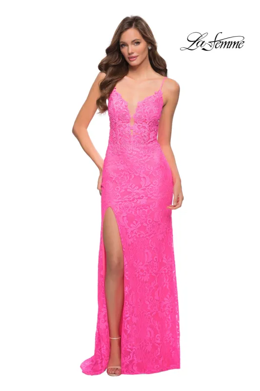 La Femme Open-Back Long Neon Lace Prom Dress sold by PromGirl