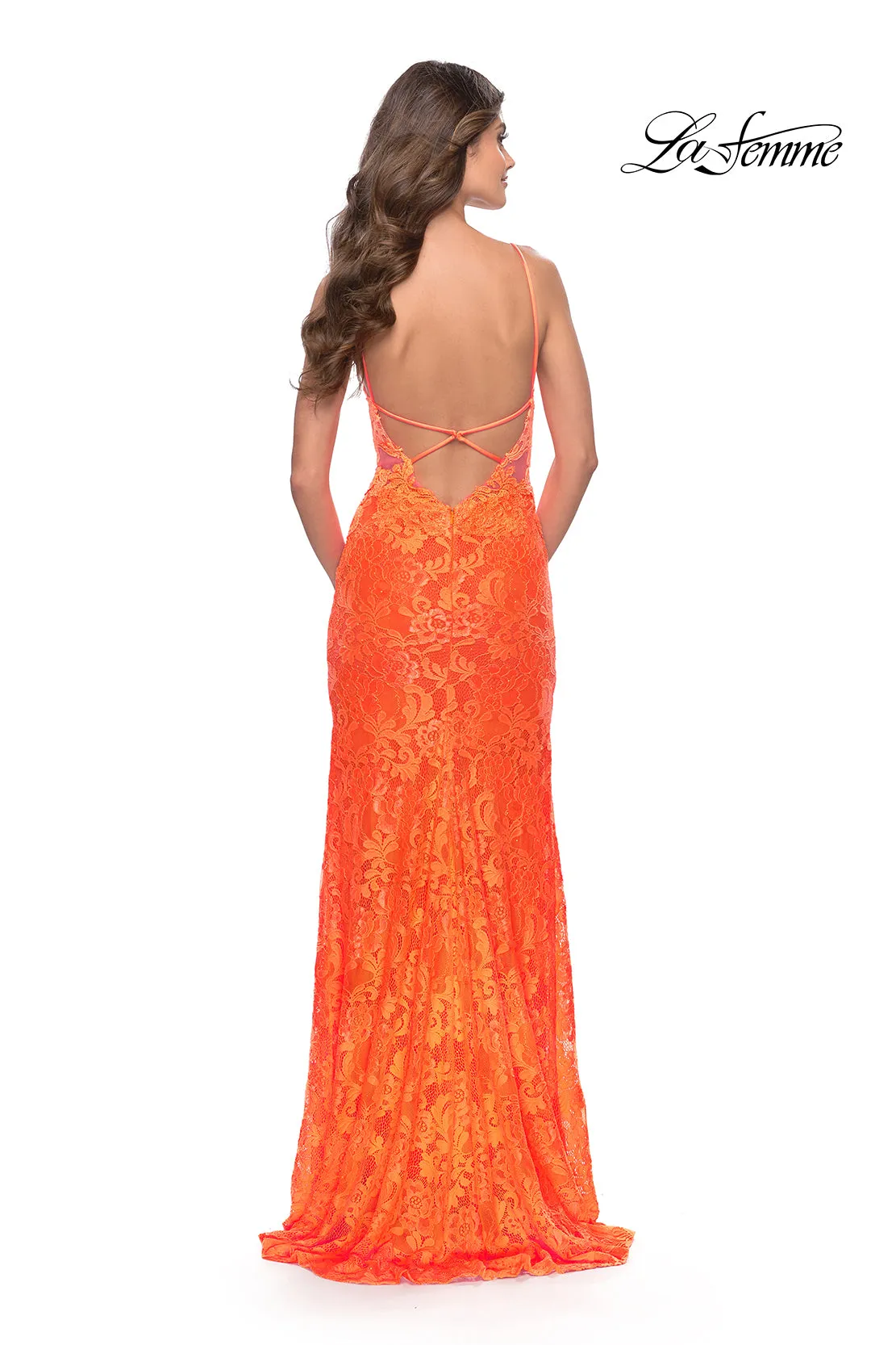 La Femme Open-Back Long Neon Lace Prom Dress sold by PromGirl product image thumbnail 2