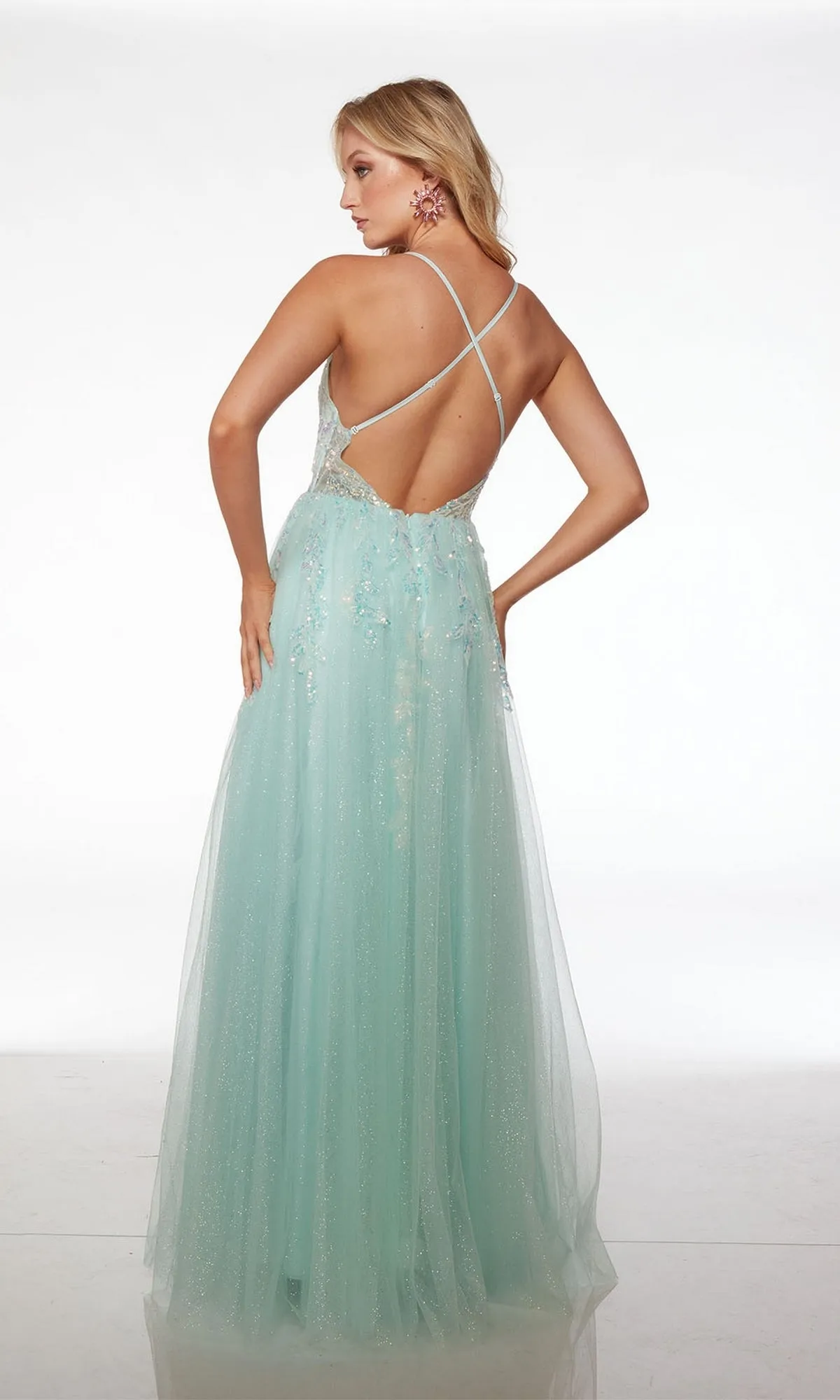Sheer-Bodice Long Glitter-Tulle Prom Dress 61562 sold by PromGirl product image thumbnail 2