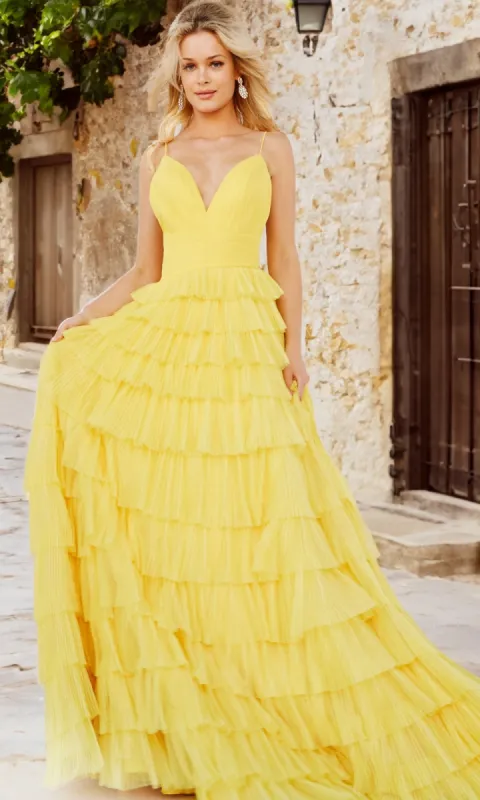 Jovani Open-Back Long Tiered Prom Ball Gown 08480 sold by PromGirl