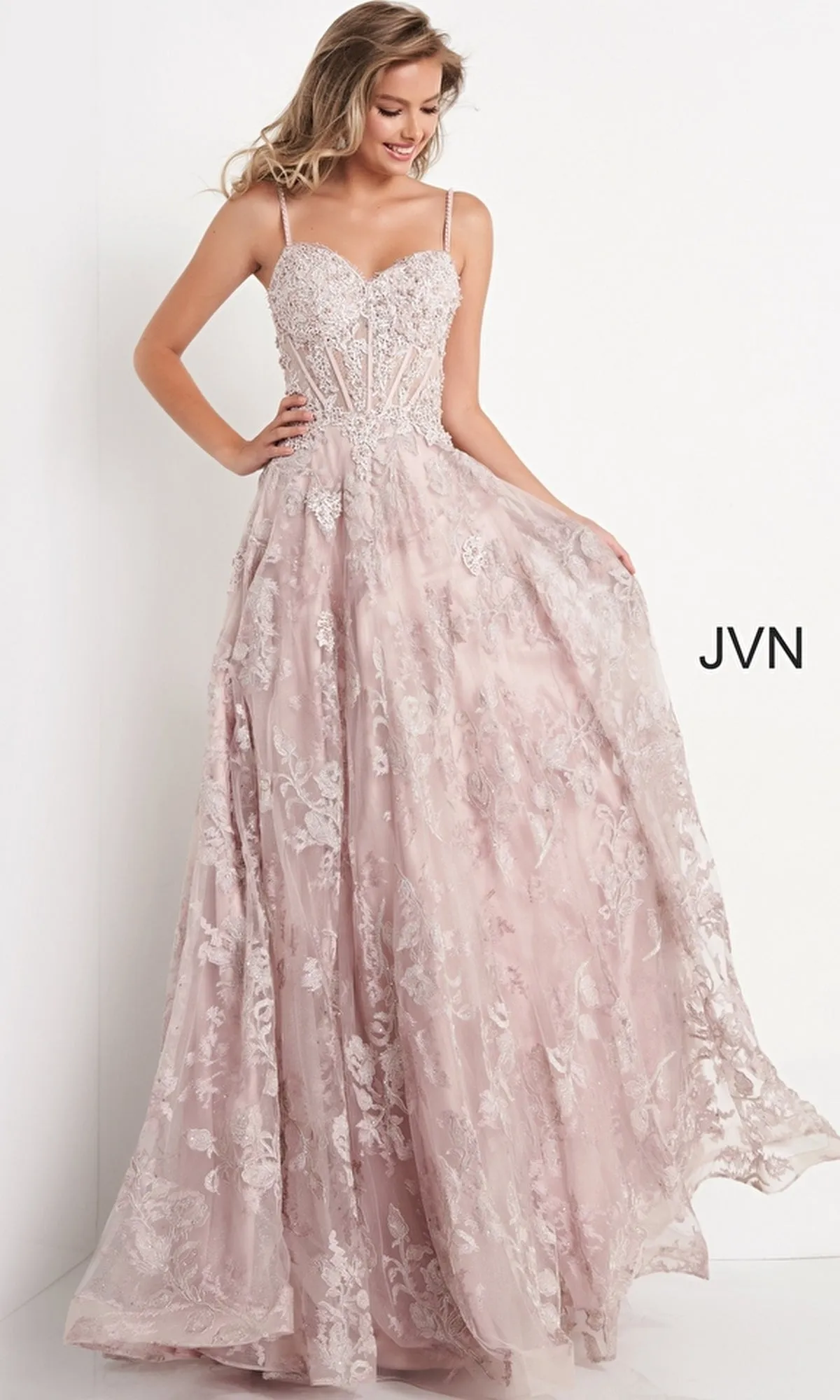 Embroidered-Lace Long A-Line Prom Dress JVN06474 sold by PromGirl product image thumbnail 5