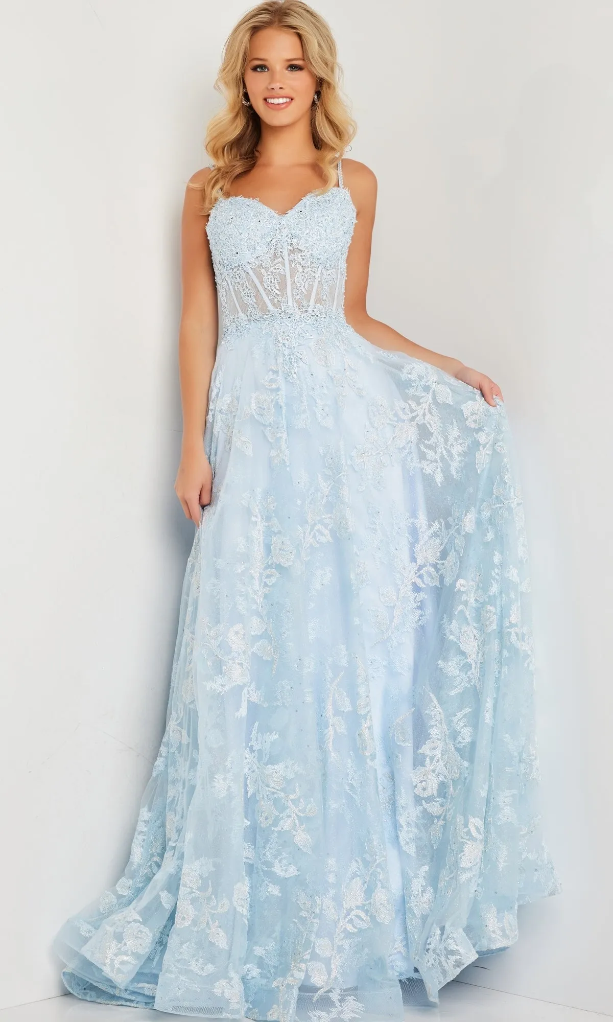 Embroidered-Lace Long A-Line Prom Dress JVN06474 sold by PromGirl