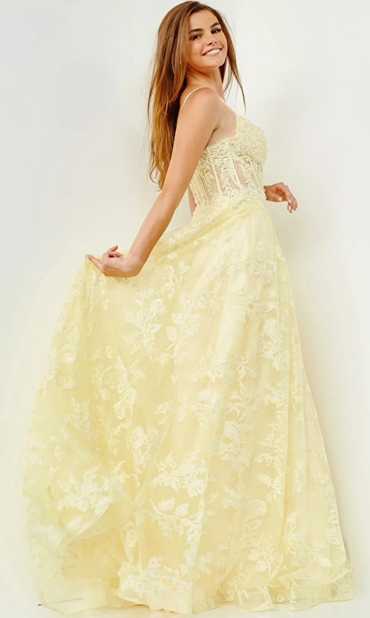 Embroidered-Lace Long A-Line Prom Dress JVN06474 sold by PromGirl product image thumbnail 3