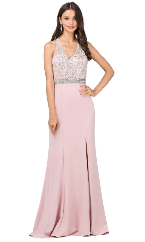 Beaded-Bodice Long Prom Dress with T-Back sold by PromGirl