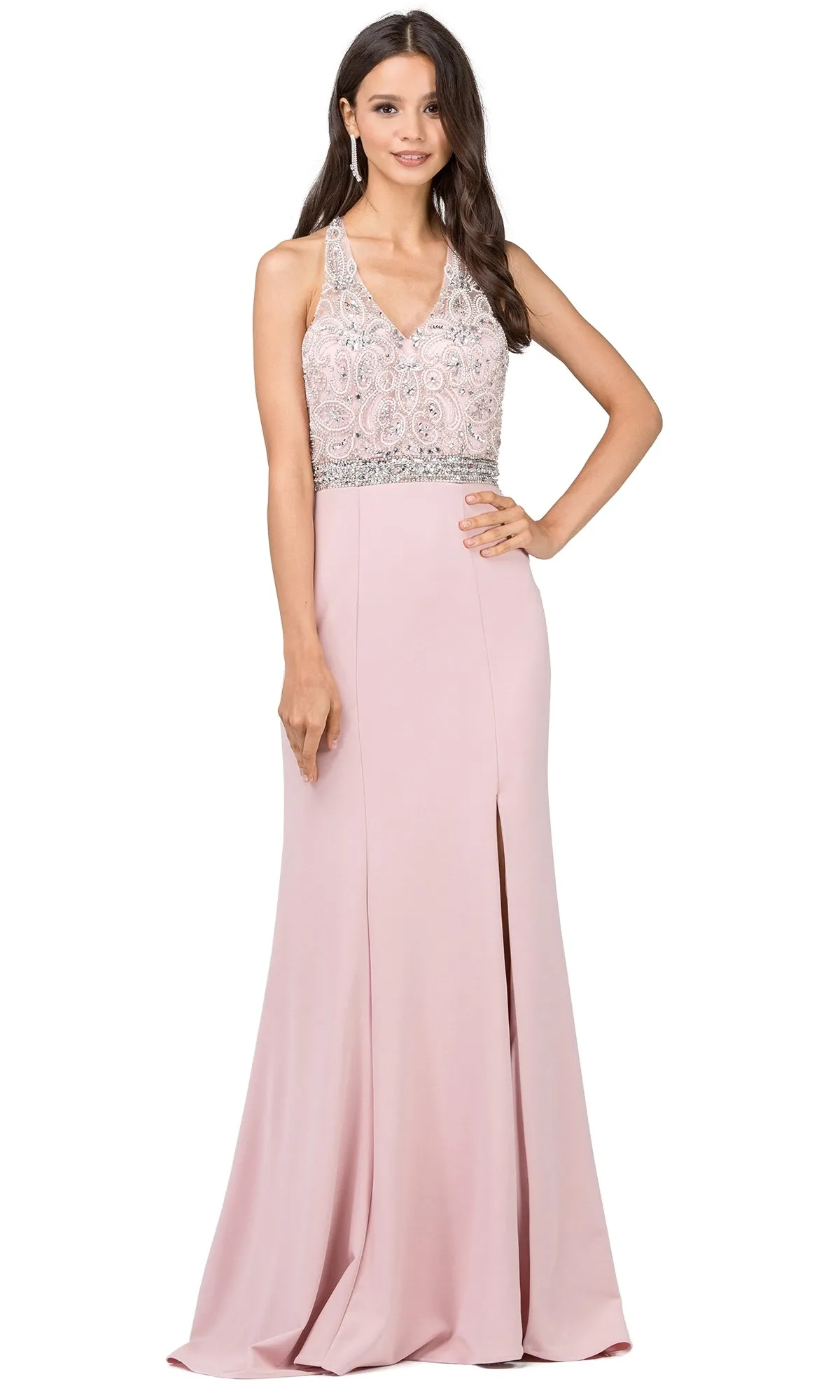 Beaded-Bodice Long Prom Dress with T-Back sold by PromGirl