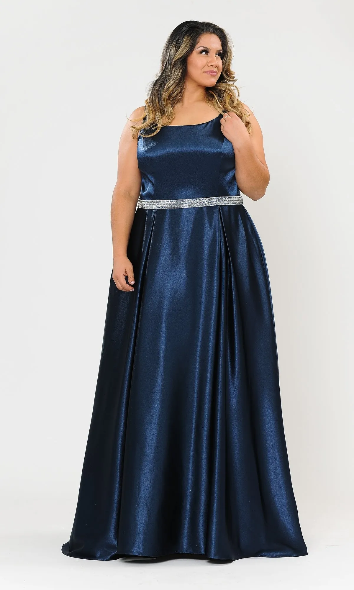 Sleeveless Plus-Size Long Belted Prom Dress W1010 sold by PromGirl