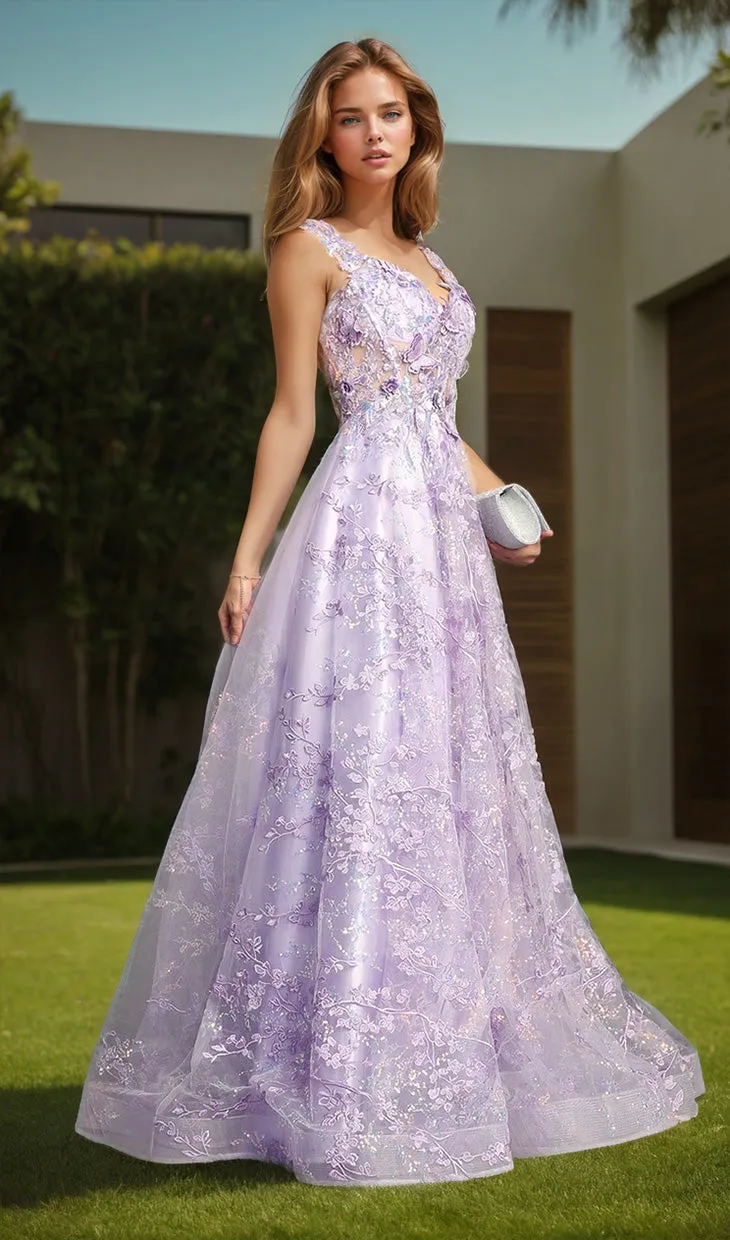 Floral-Print Lace-Up Long Prom Dress: Chicas C818 sold by PromGirl