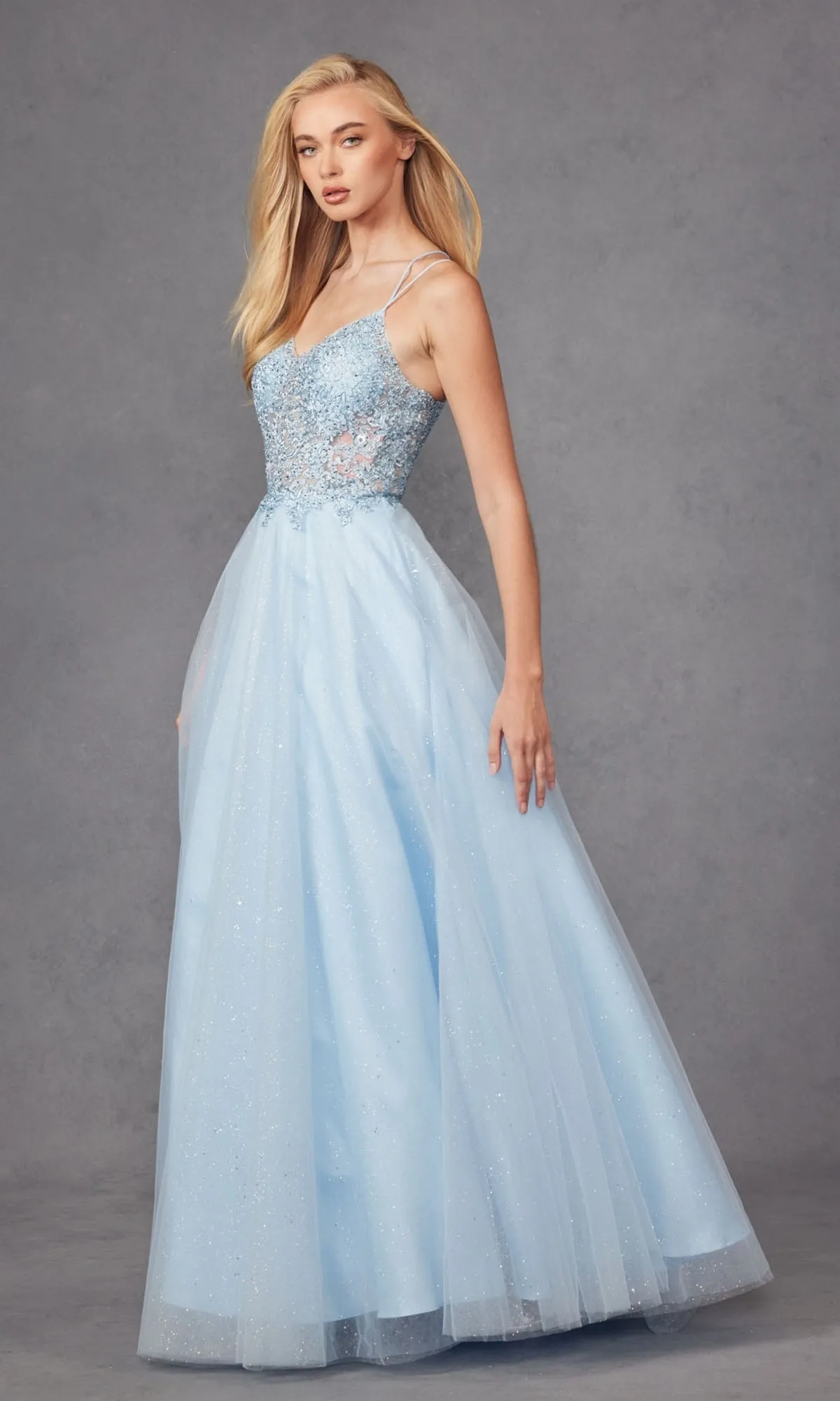 Glitter-Tulle Long Corset-Back Prom Ball Gown 268 sold by PromGirl