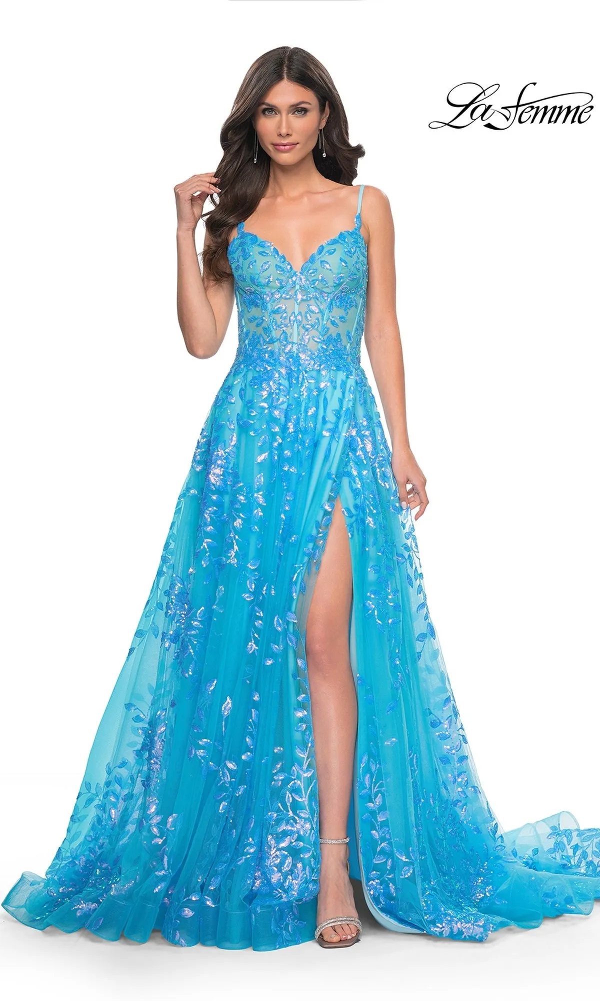 La Femme Sequin-Print Long A-Line Prom Dress 32223 sold by PromGirl