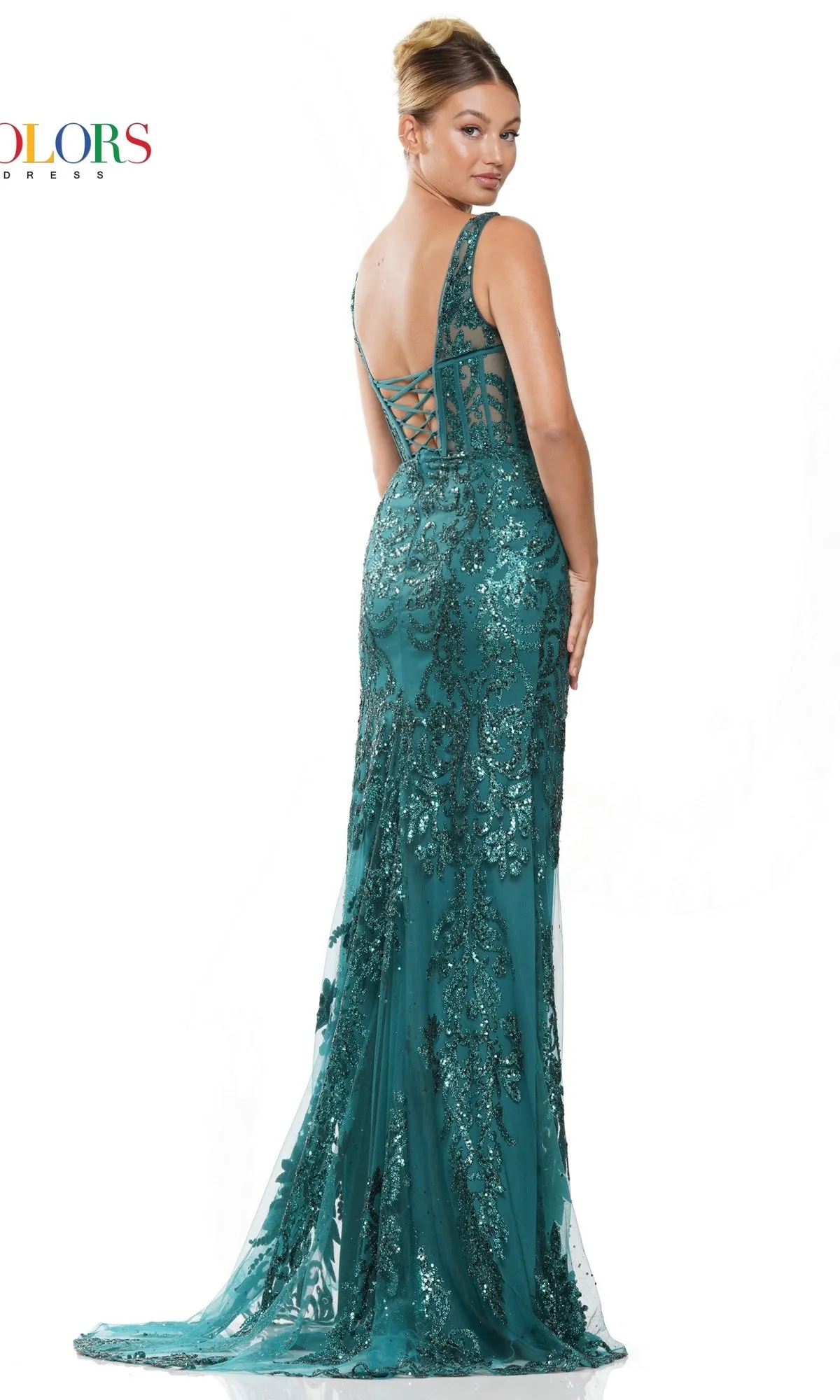 Sheer-Waist Glitter-Print Long Prom Dress 2990 sold by PromGirl product image thumbnail 2