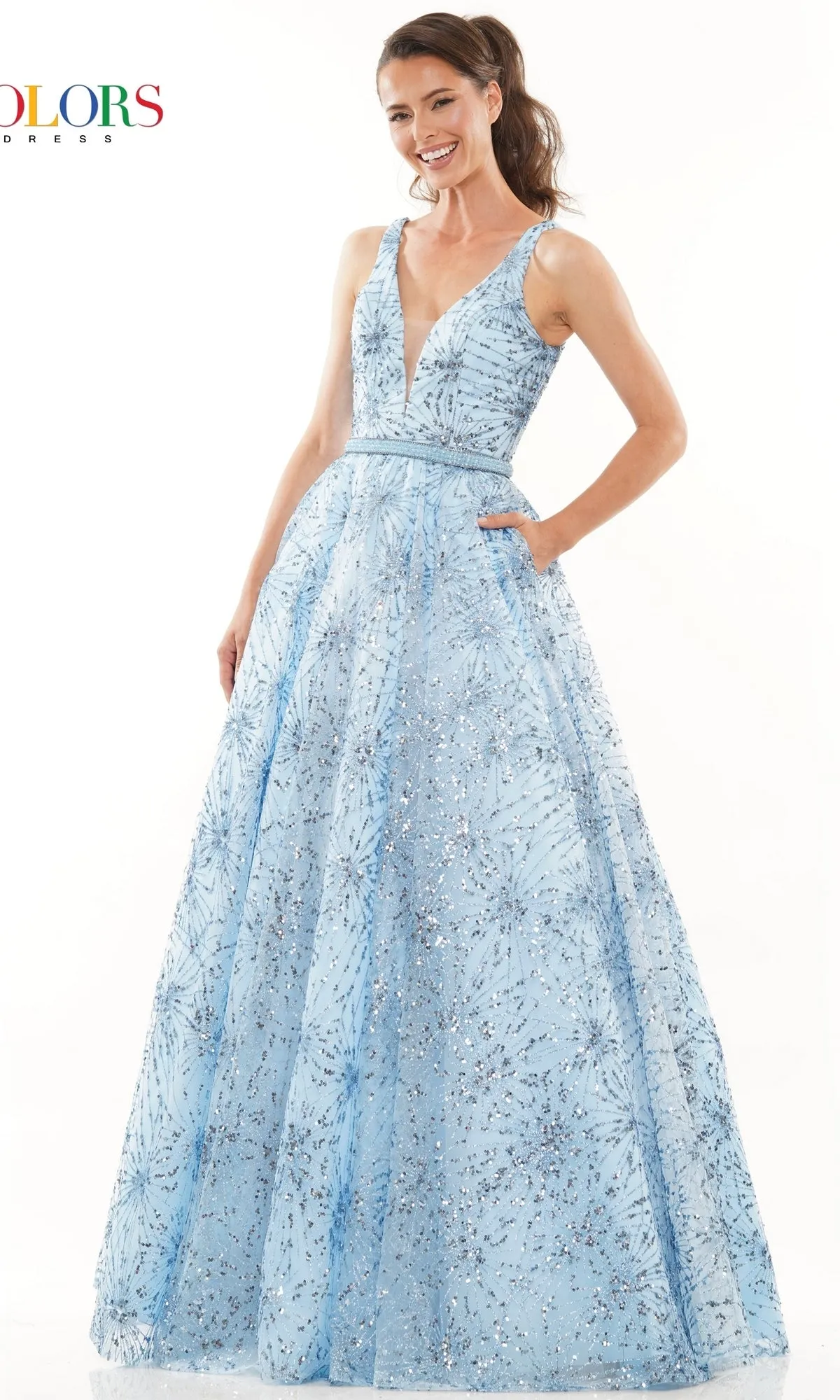 Sheer-Waist Glitter-Print Long Prom Dress 2990 sold by PromGirl product image thumbnail 3