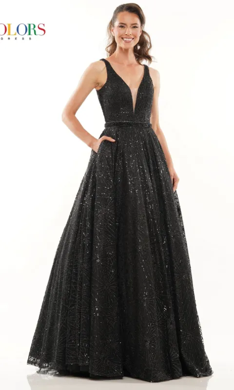 Long Glitter-Tulle Deep V-Neck Prom Ball Gown G942 sold by PromGirl