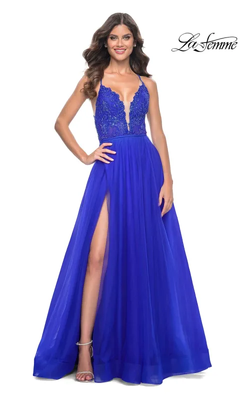 La Femme Deep V-Neck Long Tulle Prom Gown 32059 sold by PromGirl