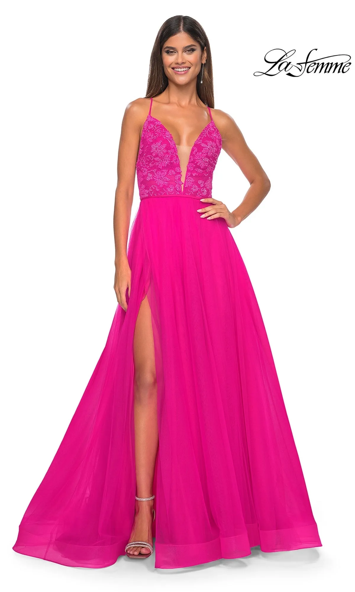 La Femme Deep V-Neck Long Tulle Prom Gown 32059 sold by PromGirl product image thumbnail 3