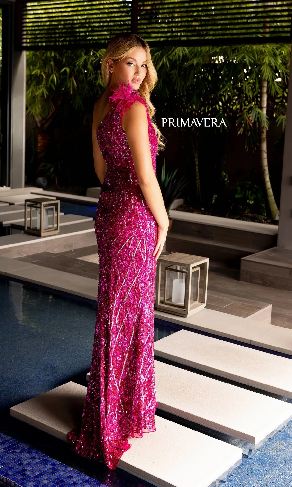 Feather-Trim Primavera Long Sequin Prom Dress 4169 sold by PromGirl product image thumbnail 2