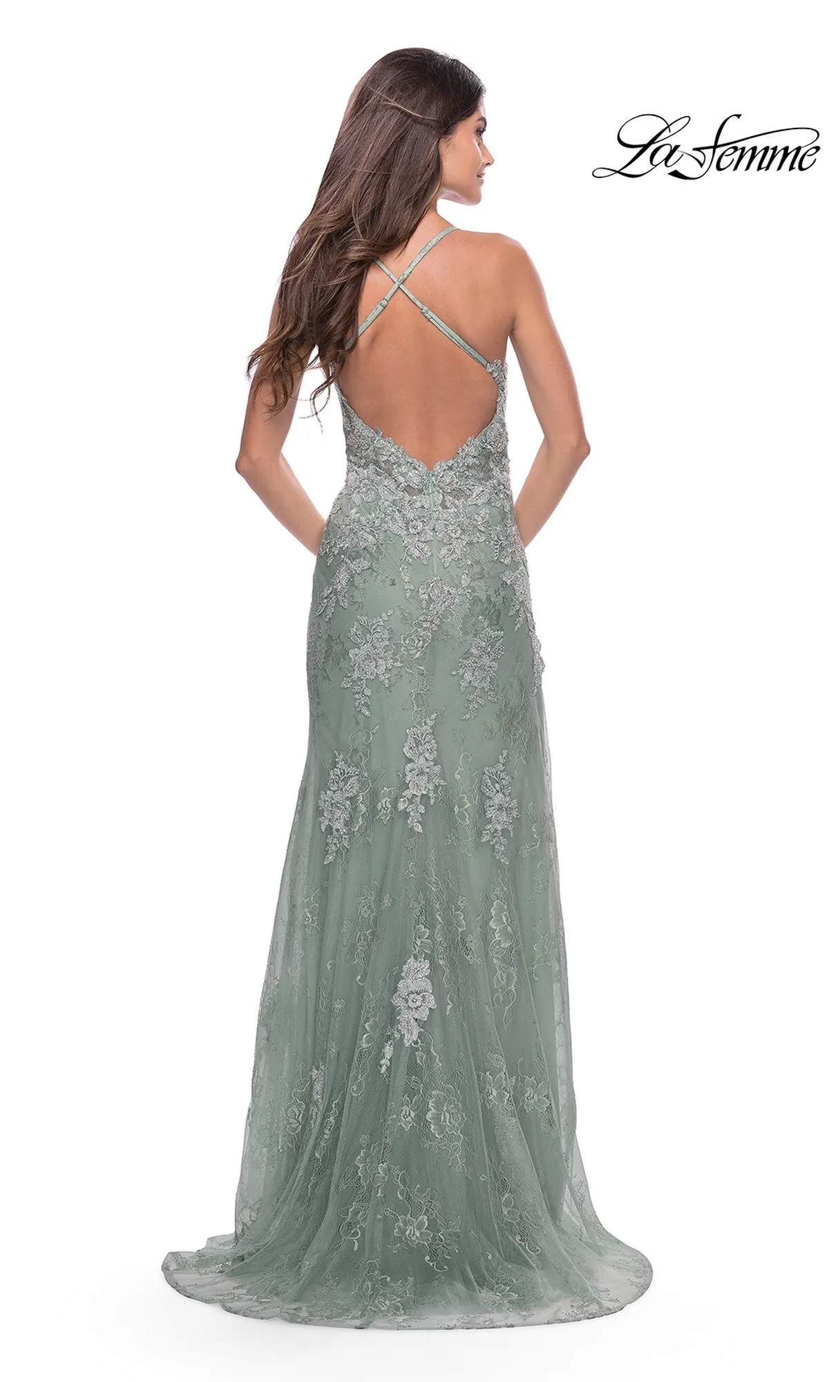 High-Slit La Femme Long Lace Prom Dress 30794 sold by PromGirl product image thumbnail 2