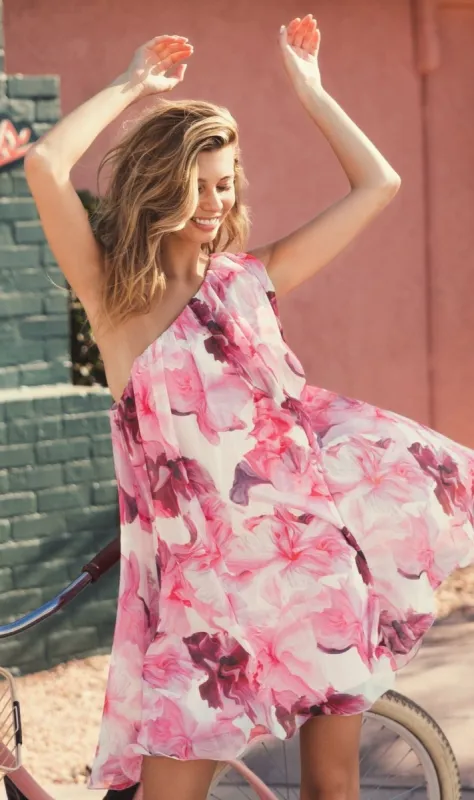 Short Pink Print Hoco Dress: Mac Duggal 55875 sold by PromGirl