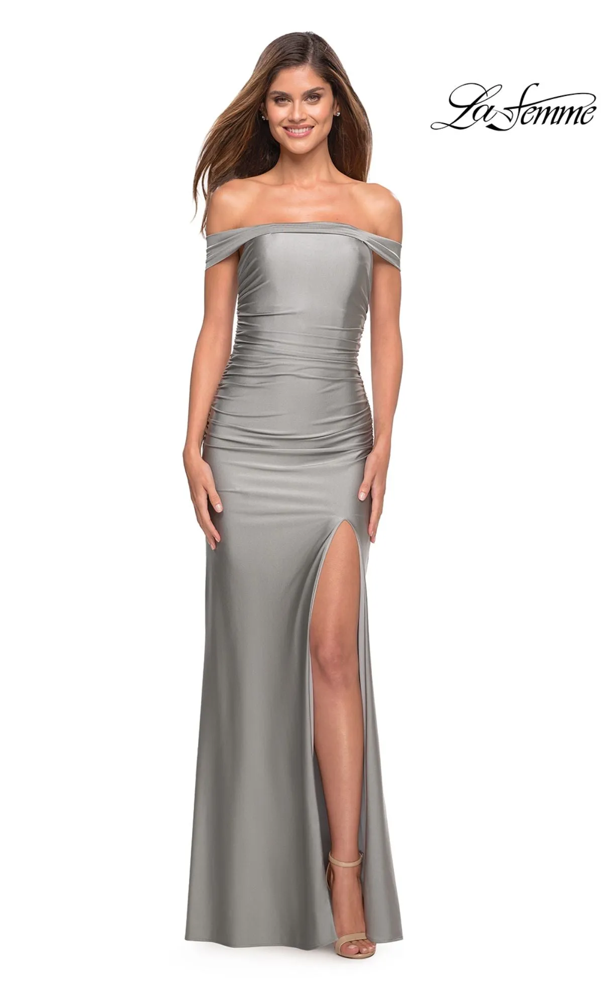 La Femme Off-the-Shoulder Long Silver Prom Dress sold by PromGirl product image thumbnail 2