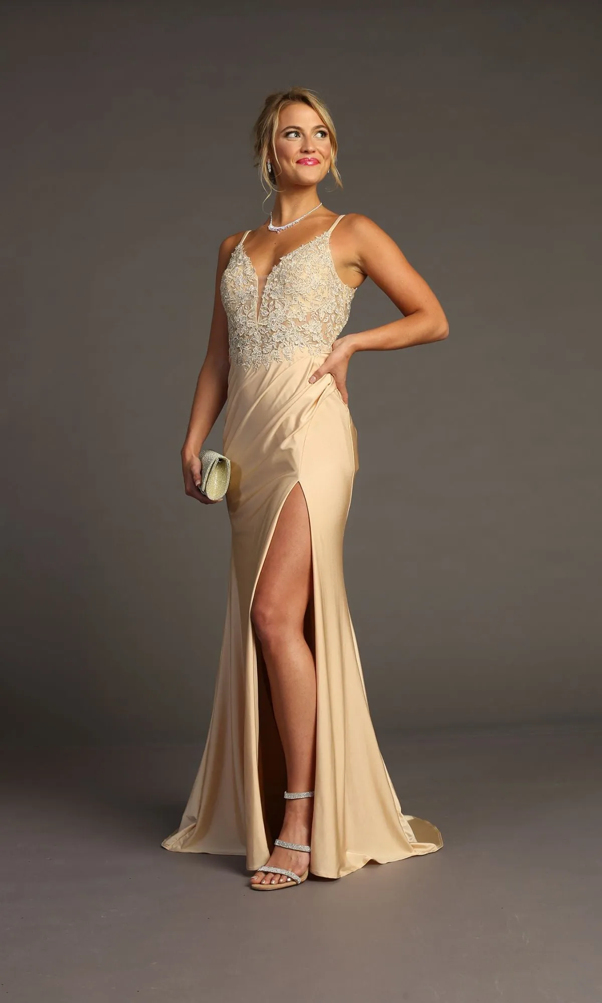 Lace-Bodice Slinky Long Prom Dress: Chicas YG5033 sold by PromGirl product image thumbnail 5