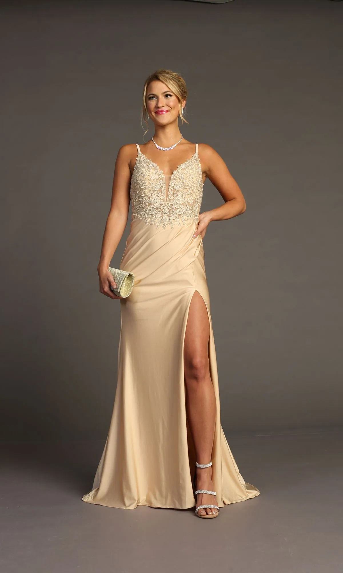 Lace-Bodice Slinky Long Prom Dress: Chicas YG5033 sold by PromGirl product image thumbnail 4