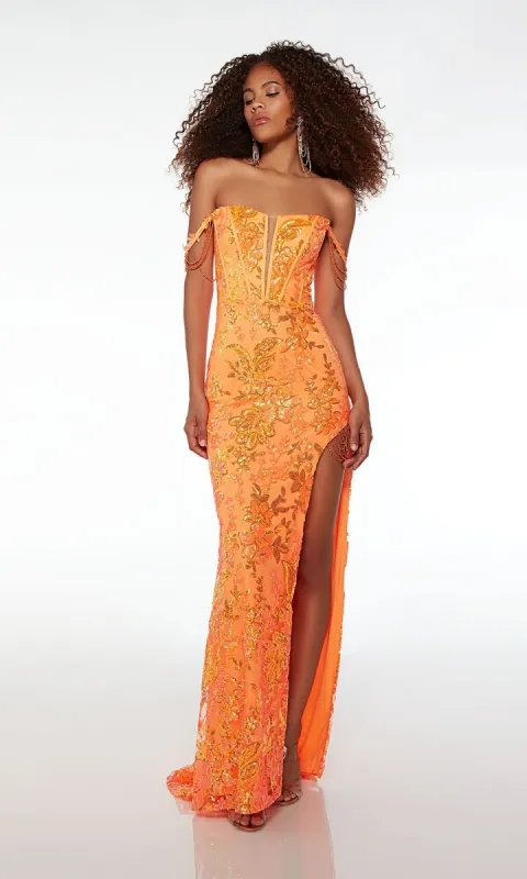 Bright Orange Sequin-Print Long Prom Dress 61550 made by PromGirl
