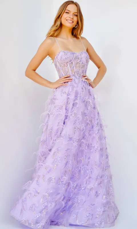 Jovani Feathered Long Sequin Prom Dress 24078 sold by PromGirl