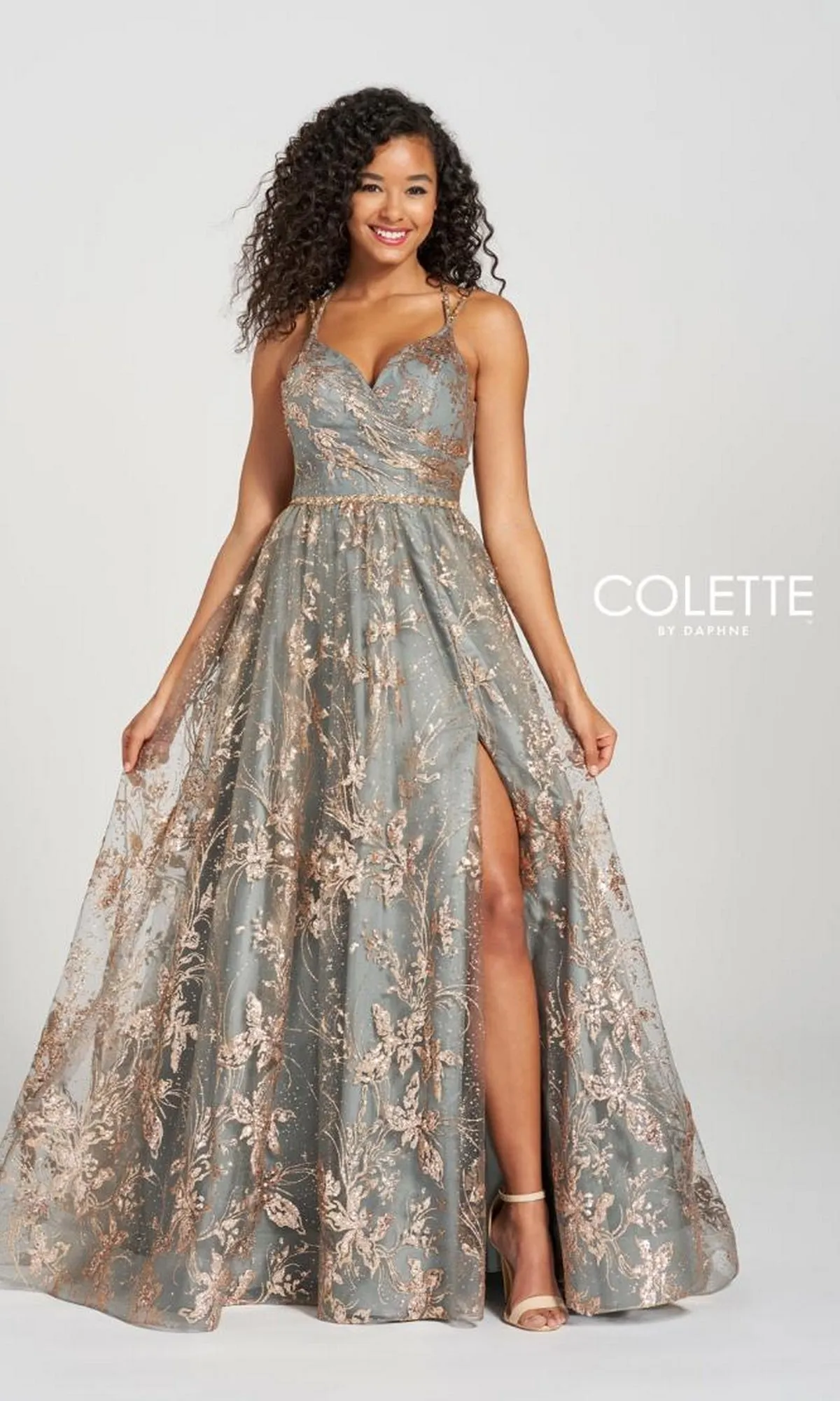 Gold and Pewter Prom Ball Gown: Colette CL12218 sold by PromGirl
