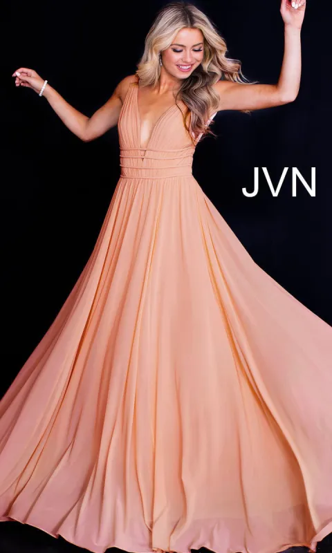 JVN by Jovani Sleeveless Ruched V-Neck Prom Dress sold by PromGirl