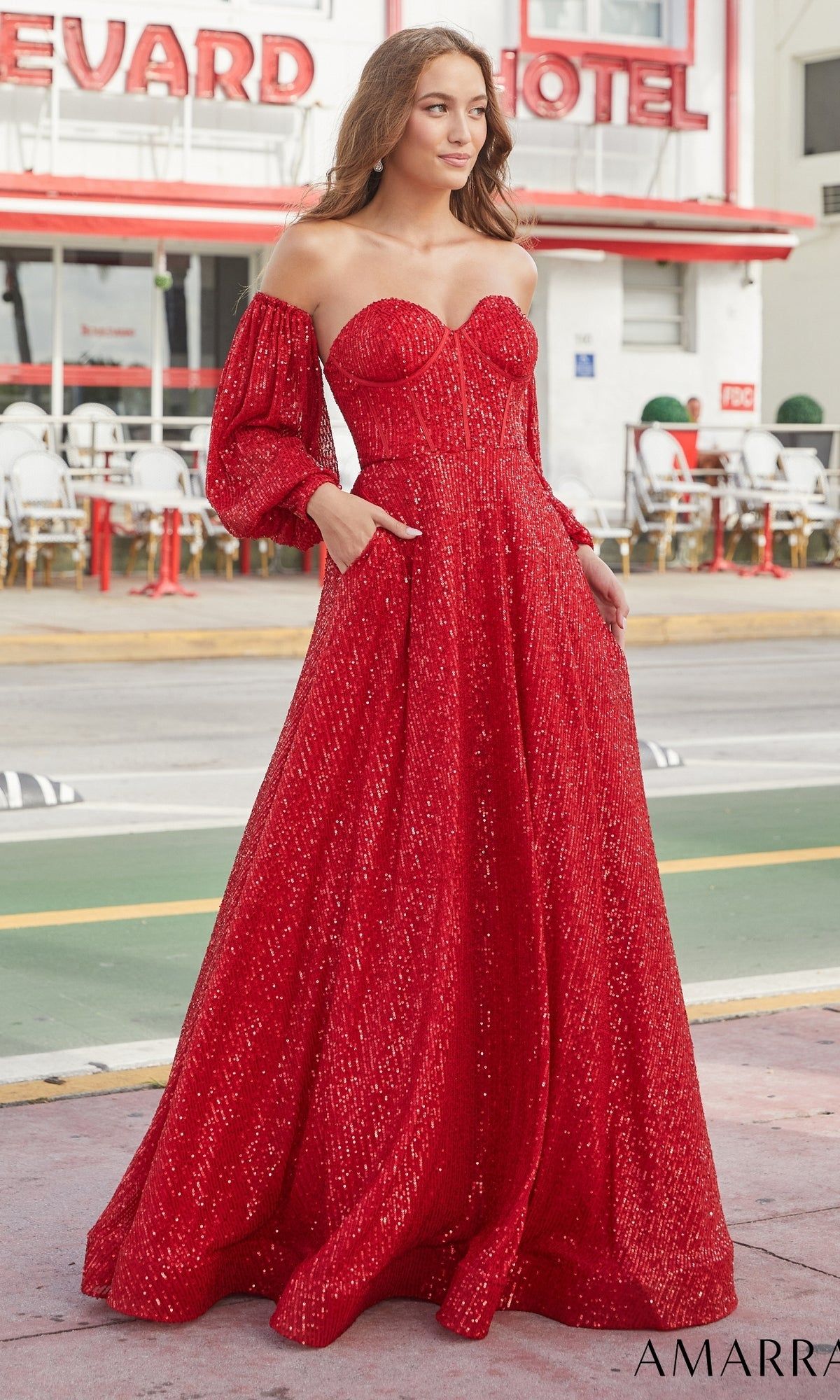 Amarra 88526 Beaded Long Ball Gown with Sleeves sold by PromGirl