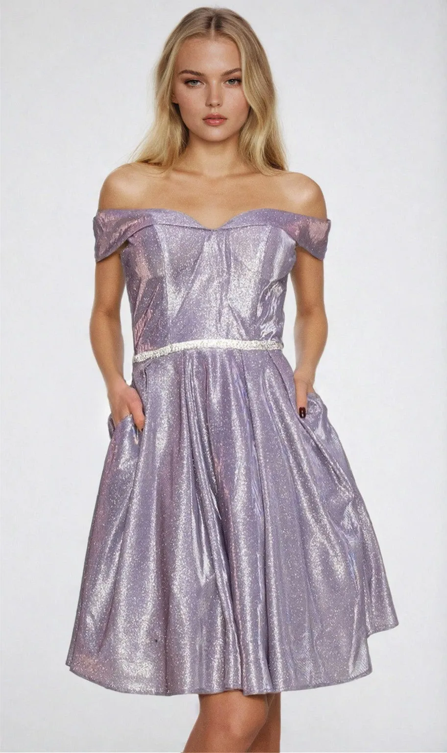 Off-Shoulder Short Glitter Homecoming Dress 8012J sold by PromGirl