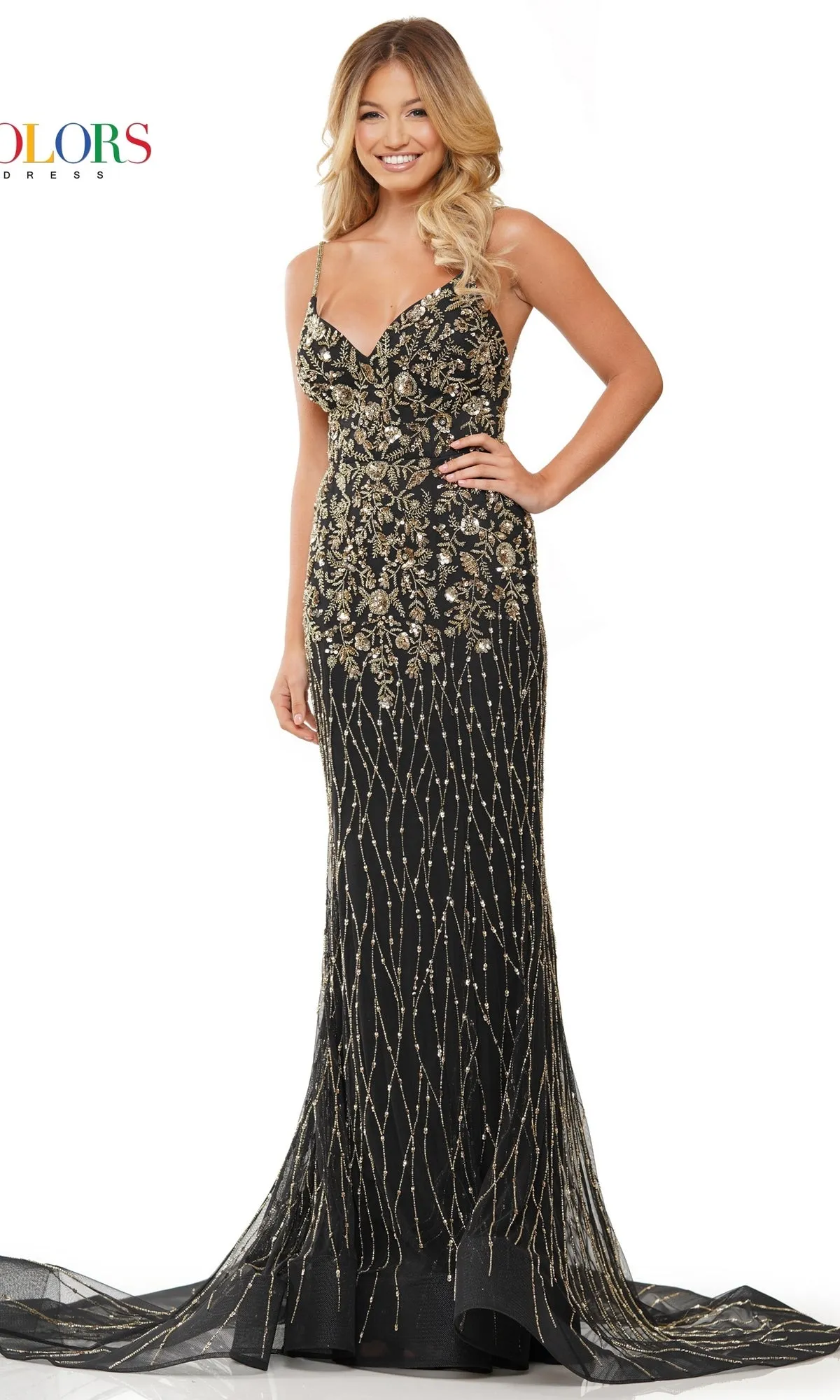 Long Black Beaded Prom Dress: Colors Dress 3152 sold by PromGirl