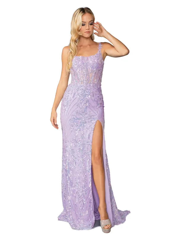 Long Sequin-Print Prom Dress: Dancing Queen 4461 sold by PromGirl