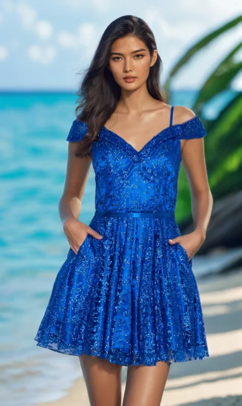 Cold-Shoulder Glitter Homecoming Dress 9198 sold by PromGirl