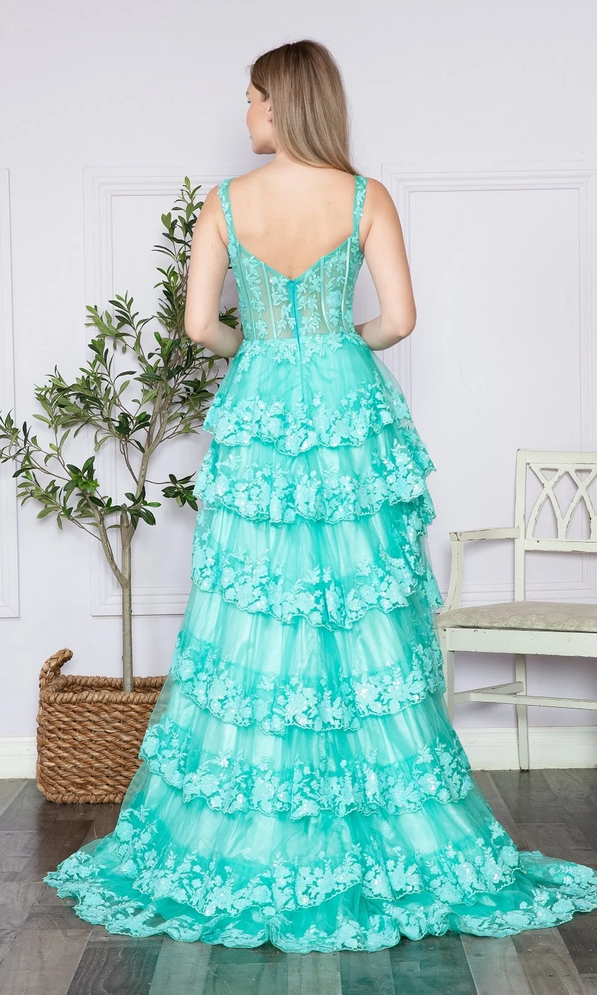 Sheer-Corset Long Ruffled Prom Dress: Poly USA 9410 sold by PromGirl product image thumbnail 5
