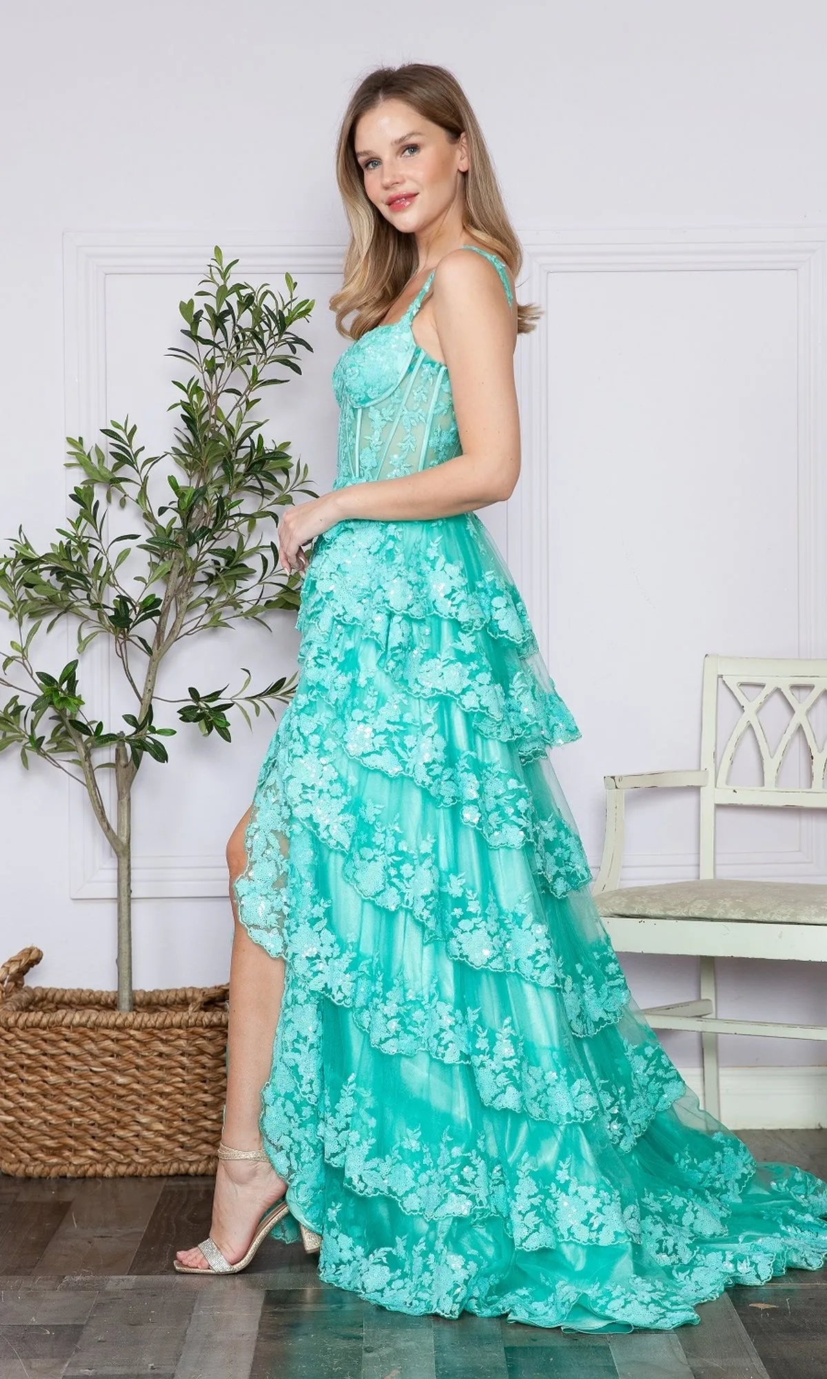 Sheer-Corset Long Ruffled Prom Dress: Poly USA 9410 sold by PromGirl product image thumbnail 4