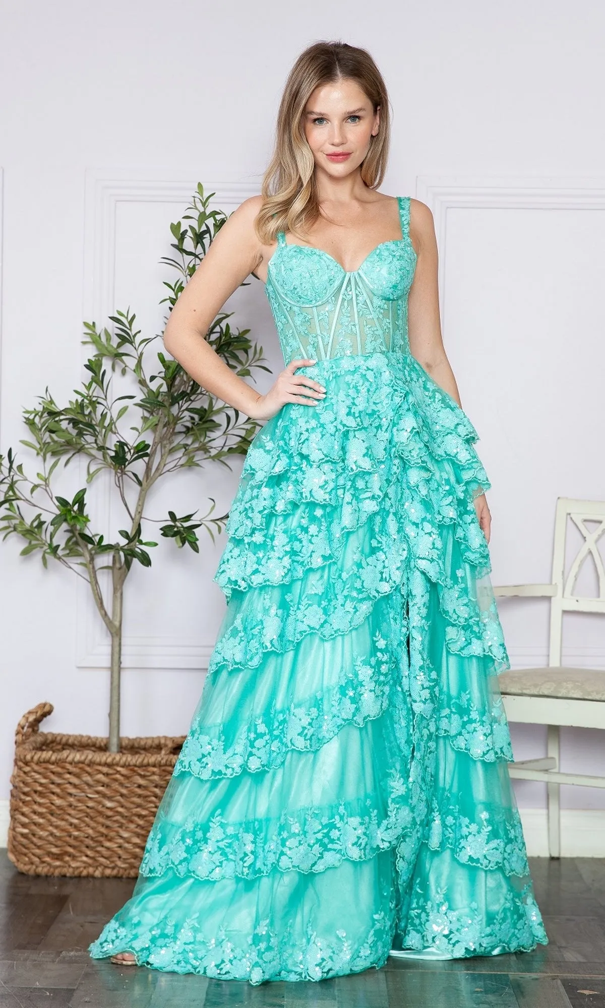 Sheer-Corset Long Ruffled Prom Dress: Poly USA 9410 sold by PromGirl product image thumbnail 3
