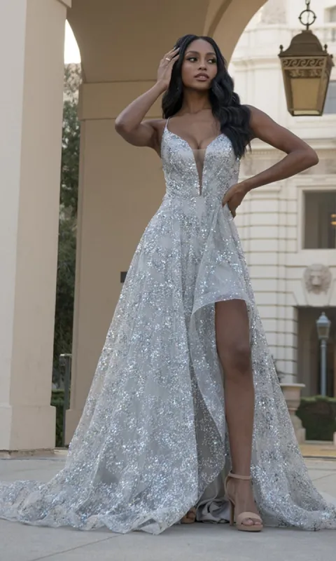 High-Low Backless Silver Glitter Prom Dress BZ017 sold by PromGirl